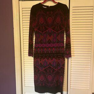 Gorgeous unusual cocktail dress, black and pink, long sleeved, size 8